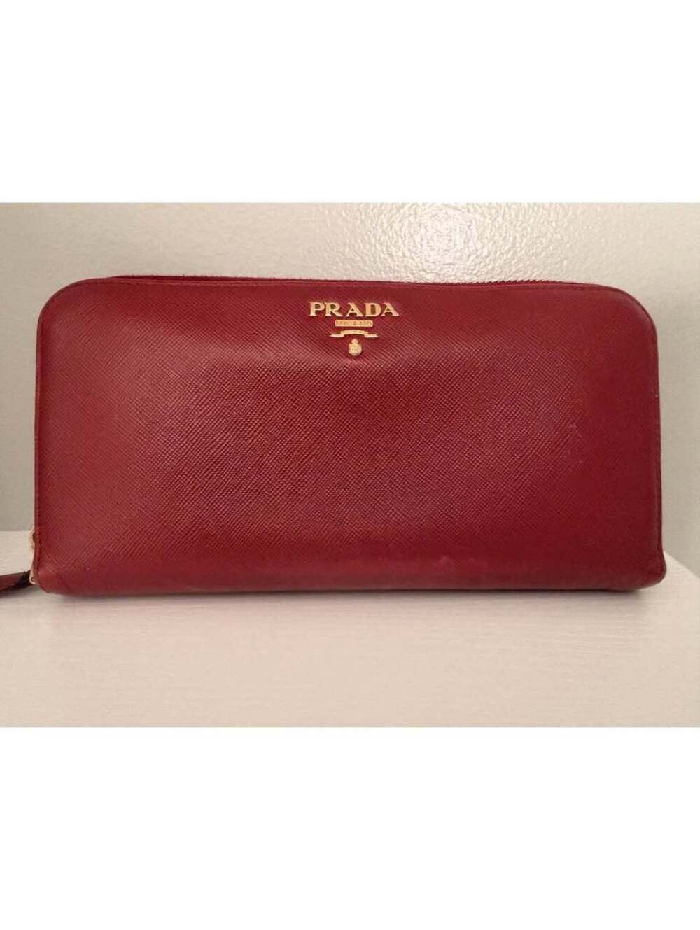 Prada Saffiano Leather Zip Around Wallet Red Gold Hardware Continental Wallet